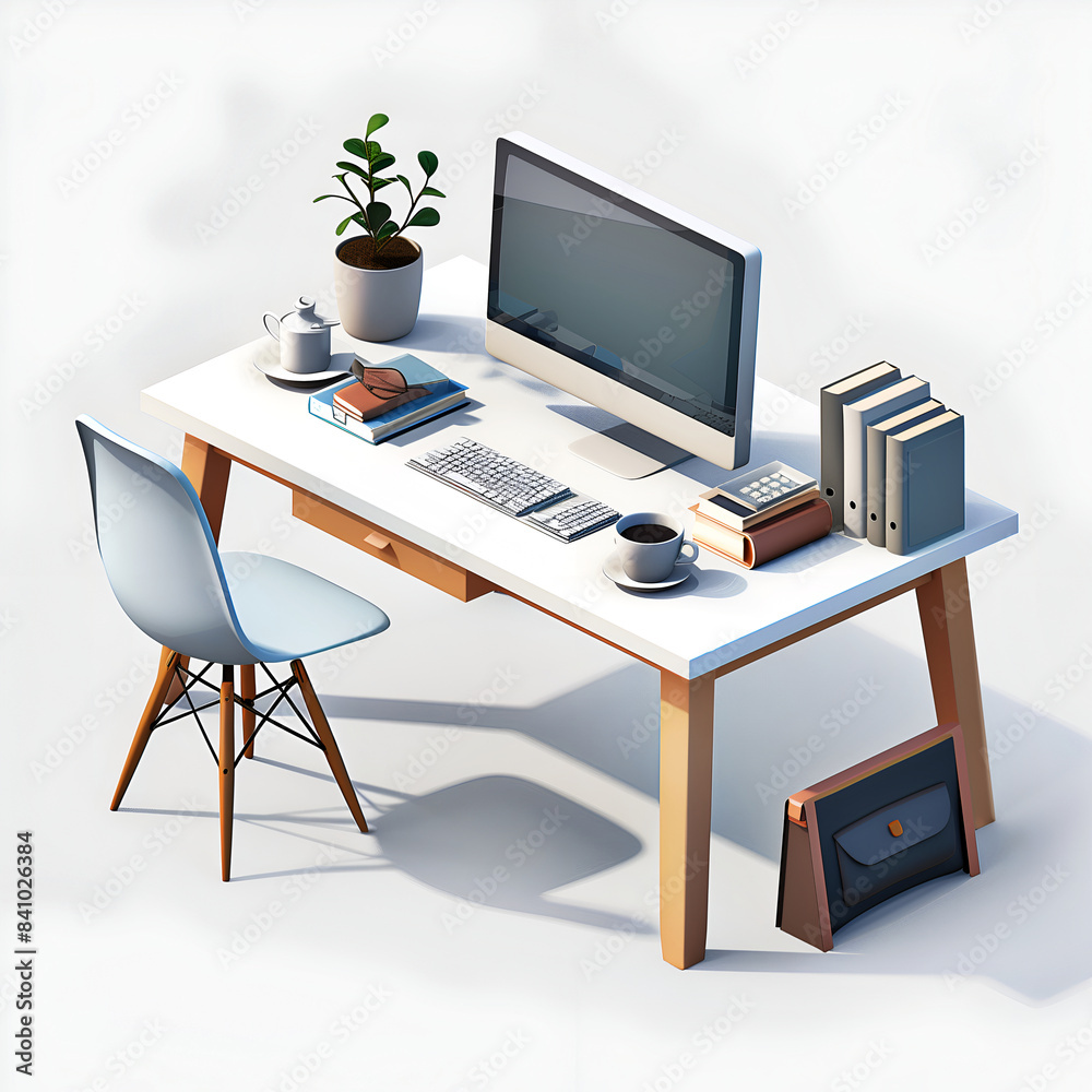 clean and simple illustration of an office desk with a computer, books, and a coffee cup on it. clean and simple illustration of an office desk with a computer, books, and a coffee cup on it.