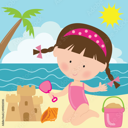 Little girl building a sand castle on the beach vector cartoon illustration