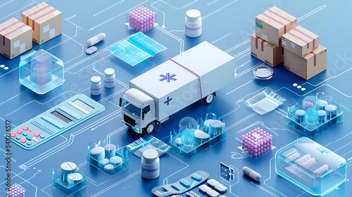 Efficient healthcare supply chain management ensures timely delivery of medical supplies and medications. Concept Healthcare Supply Chain Management, Timely Delivery, Medical Supplies, Medications