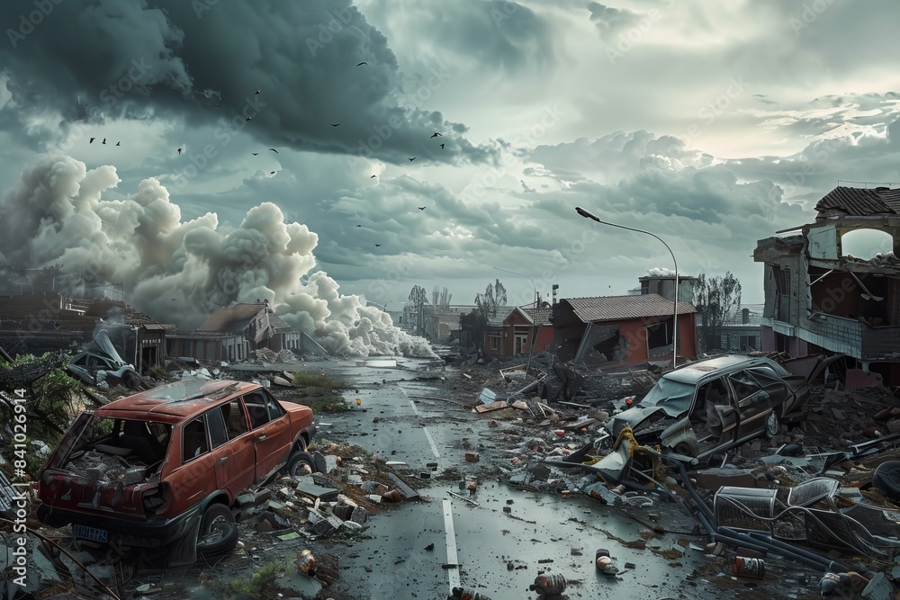 A post-apocalyptic urban scene with destroyed buildings under stormy clouds, hinting at the resilience and transient beauty amidst destruction, disaster A post-apocalyptic urban scene with destroyed buildings under stormy clouds, hinting at the resilience and transient beauty amidst destruction, disaster