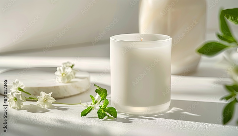A white candle sits on a white plate with a few flowers on it A white candle sits on a white plate with a few flowers on it