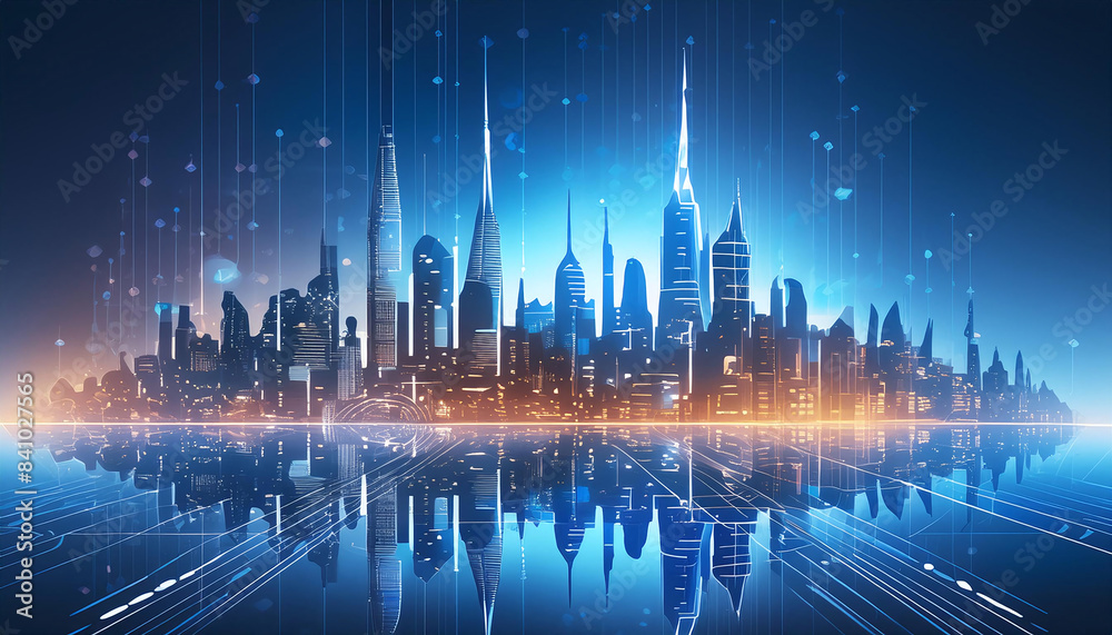 Obraz premium A futuristic cityscape with a digital overlay, reflecting innovation