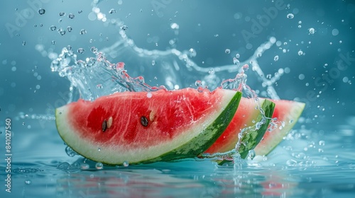 Watermelon and water splash. captured with highspeed photography as they break through the waters surface. 