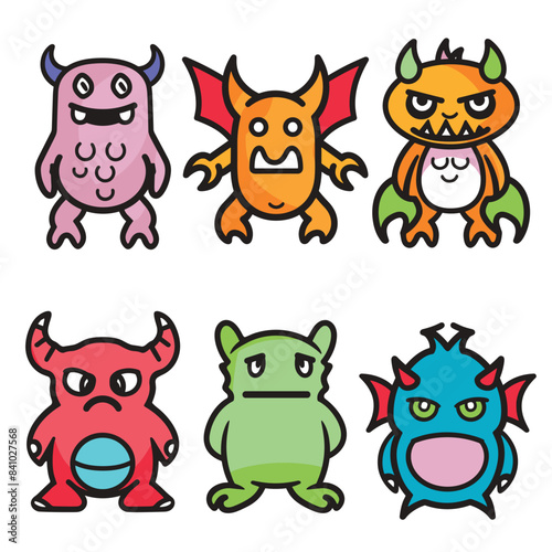 Six cartoon monsters colorful friendly cute characters isolated white background. Creatures smiling whimsical fun design kids playful imaginary friends. Monsters various shapes sizes horns wings