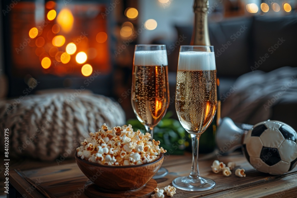 A bowl of popcorn and a glass of beer on a table prepare for watching soccer tournament A bowl of popcorn and a glass of beer on a table prepare for watching soccer tournament