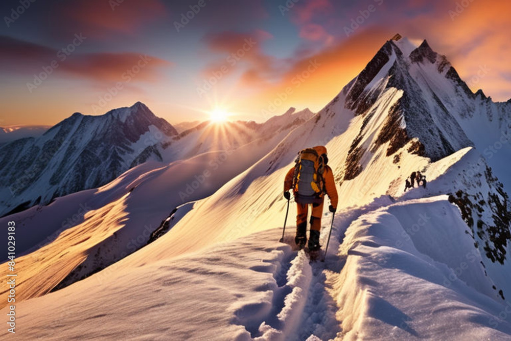 mountain-climbers-in-golden-sunrise-light-ascending-a-snowy-peak-for-an-alpine-adventure