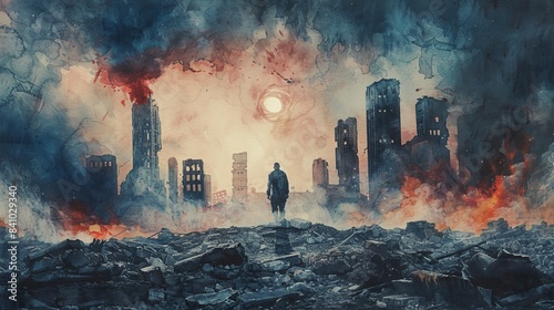 A solitary survivor, painted in watercolors, emerges from the ashes of a once-glorious city, carrying the weight of loss but also the hope for rebuilding