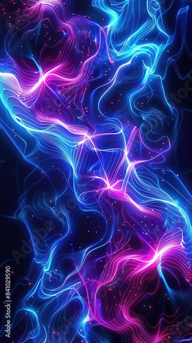 Electric dance of neon waves, vivid backdrop, illuminated abstract background modern digital art, transparent colorful ribbon neon lines