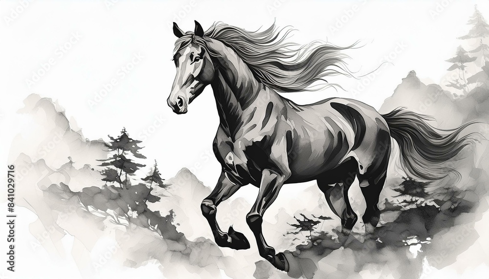 Horse illustration in Chinese brush stroke calligraphy in black and grey drawing inking Horse illustration in Chinese brush stroke calligraphy in black and grey drawing inking