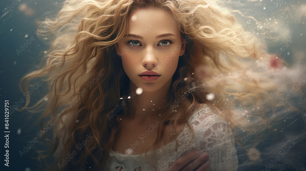 A stunning blonde model in a flowy dress walks through a winter wonderland at night with sparkling snowflakes in her hair. A stunning blonde model in a flowy dress walks through a winter wonderland at night with sparkling snowflakes in her hair.