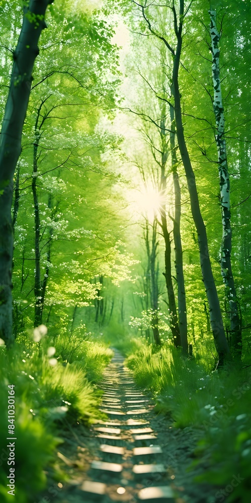 Fototapeta premium Path footpath in the deciduous forest in spring in the summer in the morning sun. Young lush green trees in the forest, vertical orientation