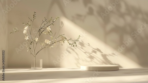 Blank scene, empty product display scene, luminous shadows, style of nature-inspired compositions, minimalism, nostalgic natures, wood, floral, organic and fluid