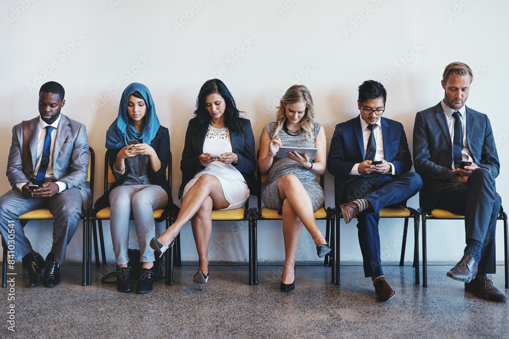 Fototapeta premium Employee, business people and waiting room for recruitment, interview or hr opportunity. Group, candidates or row in office for hiring, human resources and corporate job search on technology together