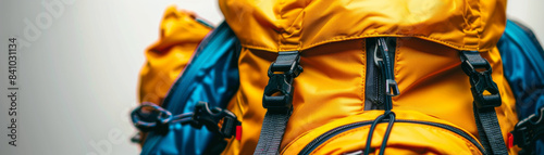 A vibrant orange and blue hiking backpack with straps and pockets, perfect for outdoor adventures and travel. photo
