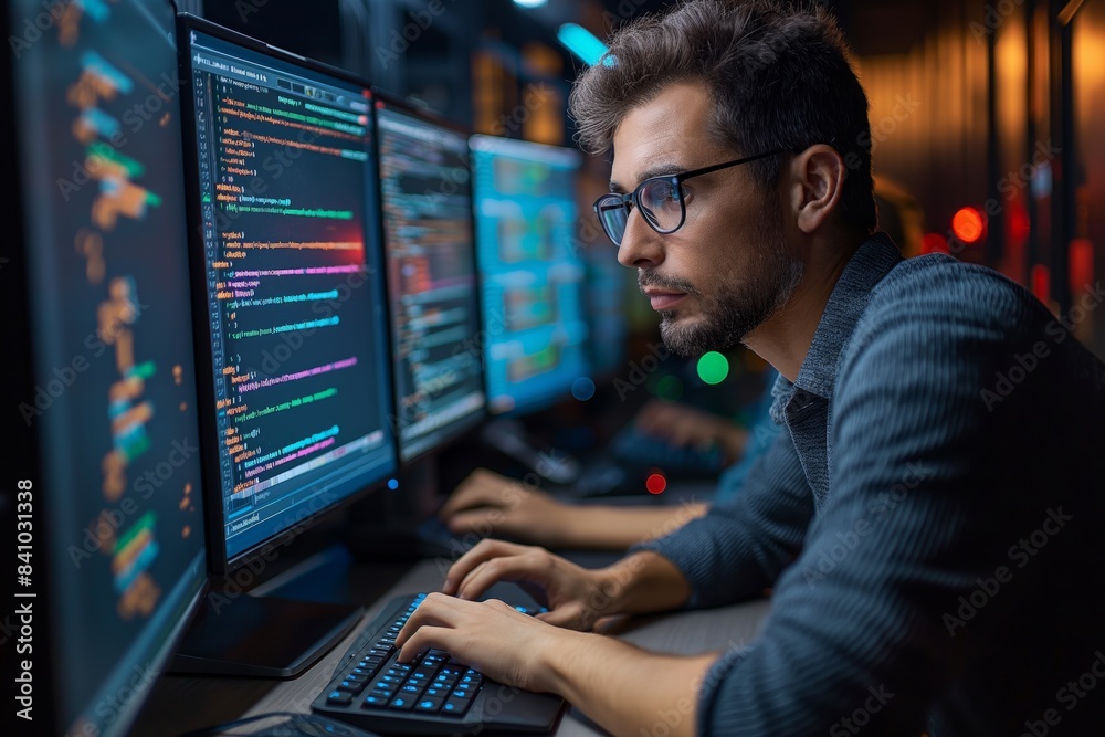 Programmer working late at workstations Programmer working late at workstations