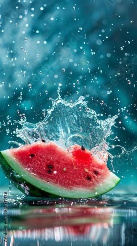 Watermelon and water splash. captured with highspeed photography as they break through the waters surface. 