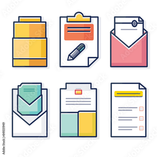 Colorful vector illustrations various document storage icons. Flat design style documents including clipboard, envelopes, filing drawers. Business office stationery concept vibrant colors against
