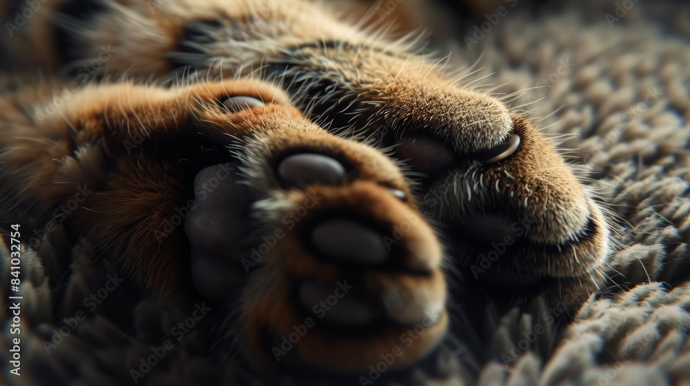 Close-up of tiger paws on a soft blanket. Detailed view of the paws with fur texture.