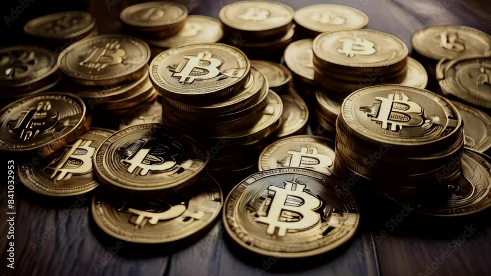 Bitcoin on Pile of Gold Coins. 3D render Bitcoin on Pile of Gold Coins. 3D render