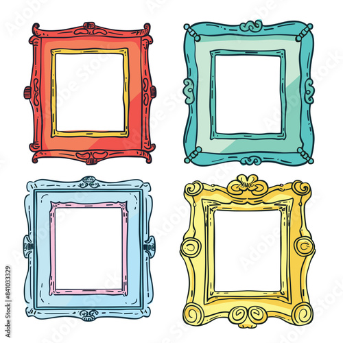 Set colorful vintage picture frames, handdrawn style, isolated white background. Four ornate photo frames red, teal, blue, yellow colors empty space. Elegant decorative elements interior design, art