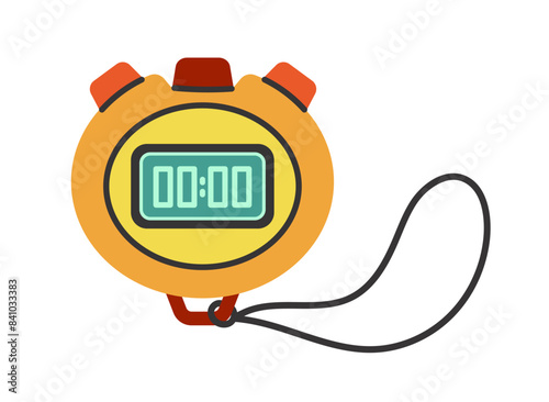 Stopwatch vector icon. Electronic yellow watch on a string, with red buttons and a screen. Digital tool for measuring time, competitions, training, running. Timer with numbers, device for sports