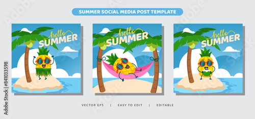 Hello summer activity with pineapple mascot character for social media post banner