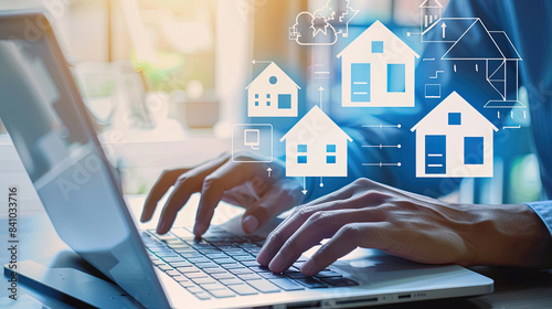 Strategic business success. Real estate investment. Financial planning and investment business development. Businessman use laptop with house icon for analyzing mortgage loan home and insurance real  