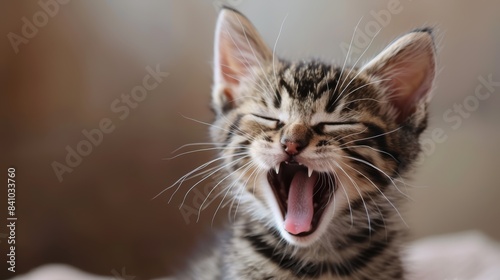 Yawning tabby kitten with eyes closed. Studio pet portrait for design and print.