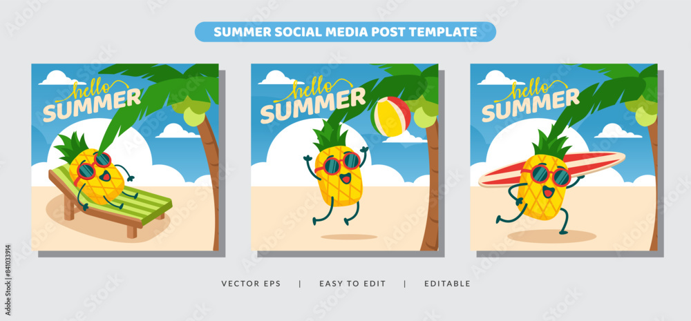 Hello summer activity with pineapple mascot character for social media post banner Hello summer activity with pineapple mascot character for social media post banner