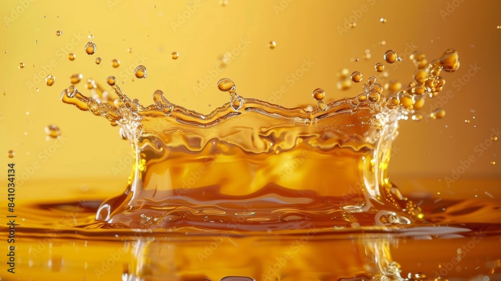 A splash of sunflower oil captured in a high-speed photograph, revealing the intricate details of the droplets' motion and the formation of air bubbles within the oil. A splash of sunflower oil captured in a high-speed photograph, revealing the intricate details of the droplets' motion and the formation of air bubbles within the oil.