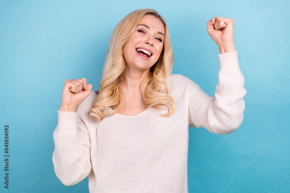 Fototapeta premium Photo of charming cheerful glad woman wear stylish white clothes isolated on blue color background