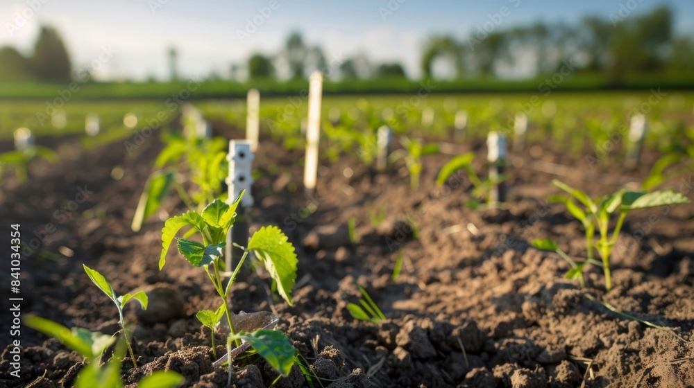 A series of soil sensors p in agricultural fields constantly monitoring moisture levels to optimize irrigation and reduce water waste. A series of soil sensors p in agricultural fields constantly monitoring moisture levels to optimize irrigation and reduce water waste.