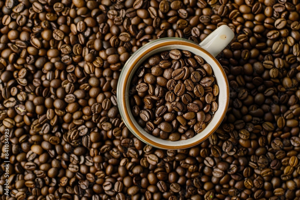Coffee beans in cup, on coffee beans background - generative ai Coffee beans in cup, on coffee beans background - generative ai