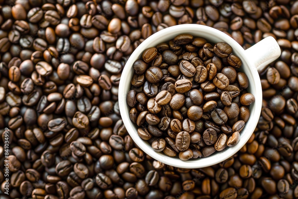 Coffee beans in cup, on coffee beans background - generative ai Coffee beans in cup, on coffee beans background - generative ai