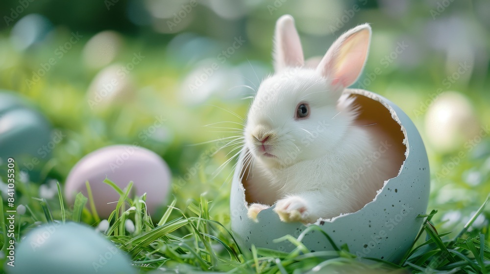 Adorable Easter bunny emerging from egg on green grass. White bunny with expressive eyes peeking out of a cracked egg. Adorable Easter bunny emerging from egg on green grass. White bunny with expressive eyes peeking out of a cracked egg.
