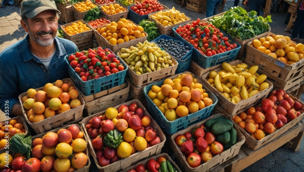 Obraz premium Smiling Man at a Fruit Stall