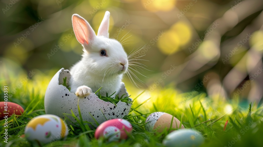 Fototapeta premium Adorable Easter bunny emerging from egg on green grass. White bunny with expressive eyes peeking out of a cracked egg.