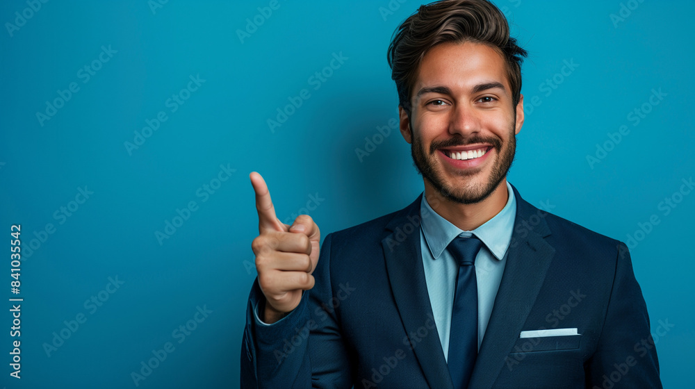 Young caucasian male businessman in suit point finger at the right, standing on blue background with copy space Young caucasian male businessman in suit point finger at the right, standing on blue background with copy space