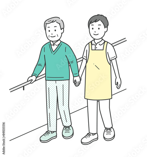 手すりを持ちながら笑顔で歩行訓練をする高齢男性と介護士のイラスト