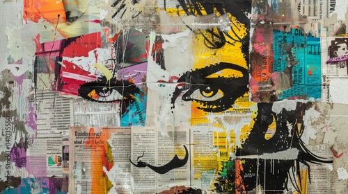 Urban street art featuring graffiti and newspaper collage. Grunge textures, ripped newspaper fragments, and bold paint strokes.