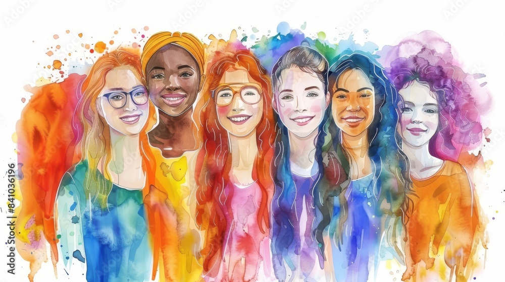 Empowered women watercolor illustration, Diverse group celebrating unity. Vibrant watercolor artwork showcasing women of different ethnicities. Empowered women watercolor illustration, Diverse group celebrating unity. Vibrant watercolor artwork showcasing women of different ethnicities.