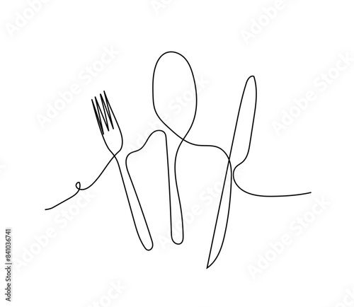 Spoon, fork and knife in continuous line drawing style. Line art silhouette of cutlery. Vector illustration. Abstract background