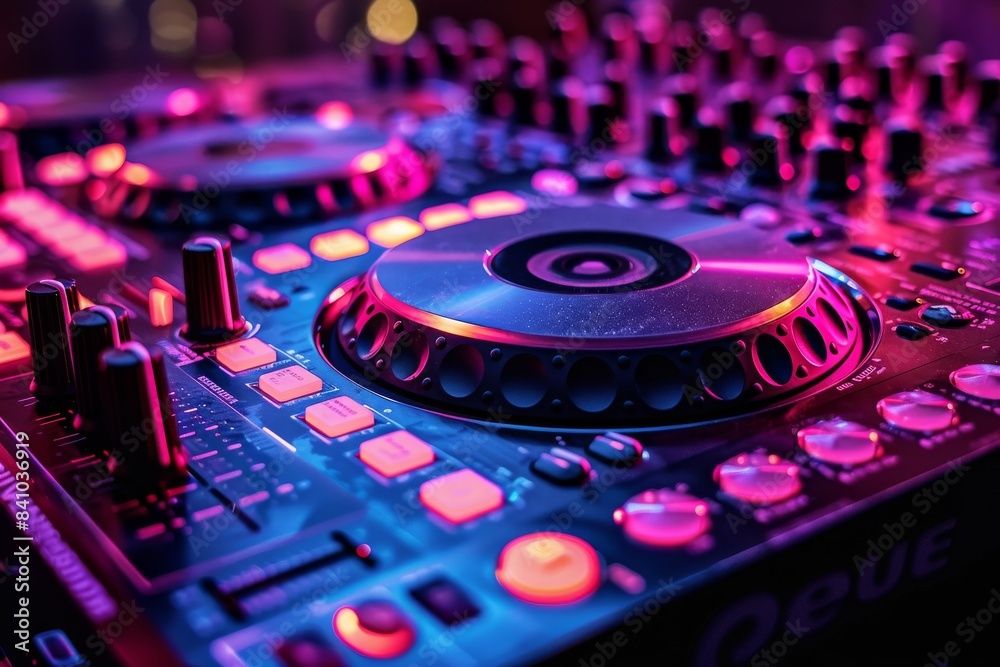 A man is playing a DJ set in a club with lights and a crowd A man is playing a DJ set in a club with lights and a crowd