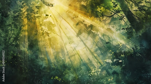 A dense forest with rays of sunlight watercolor illustration © fledermausstudio