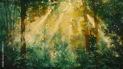 A dense forest with rays of sunlight watercolor illustration