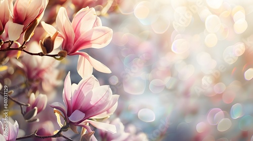 Closeup of blooming magnolia tree in spring on pastel bokeh background, copy space