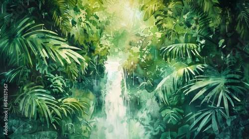 jungle with a hidden waterfall watercolor painting