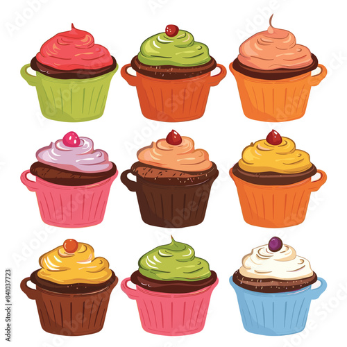 Collection colorful cupcakes various toppings, neatly arranged looking delicious. Cupcakes feature different flavors, frostings garnishes cartoon style. Sweet treats ideal dessert menu designs