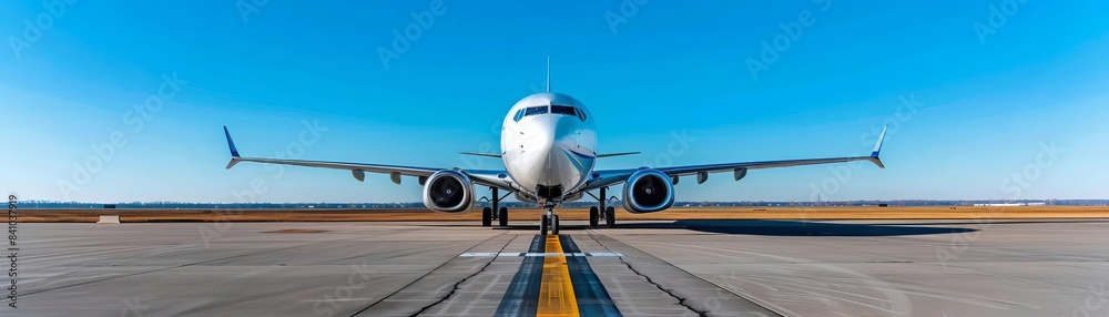 A Boeing 737 MAX airplane preparing for takeoff on the runway, clear sky, vibrant colors, highresolution aviation photography A Boeing 737 MAX airplane preparing for takeoff on the runway, clear sky, vibrant colors, highresolution aviation photography