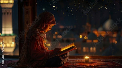 A girl recites the Quran, mosque moon and star illustration
